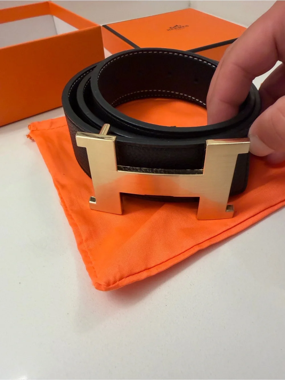 Hermès Black Leather H Buckle Belt Gold Hardware w/ Box